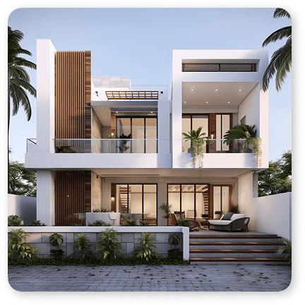 Smiling family in front of a house